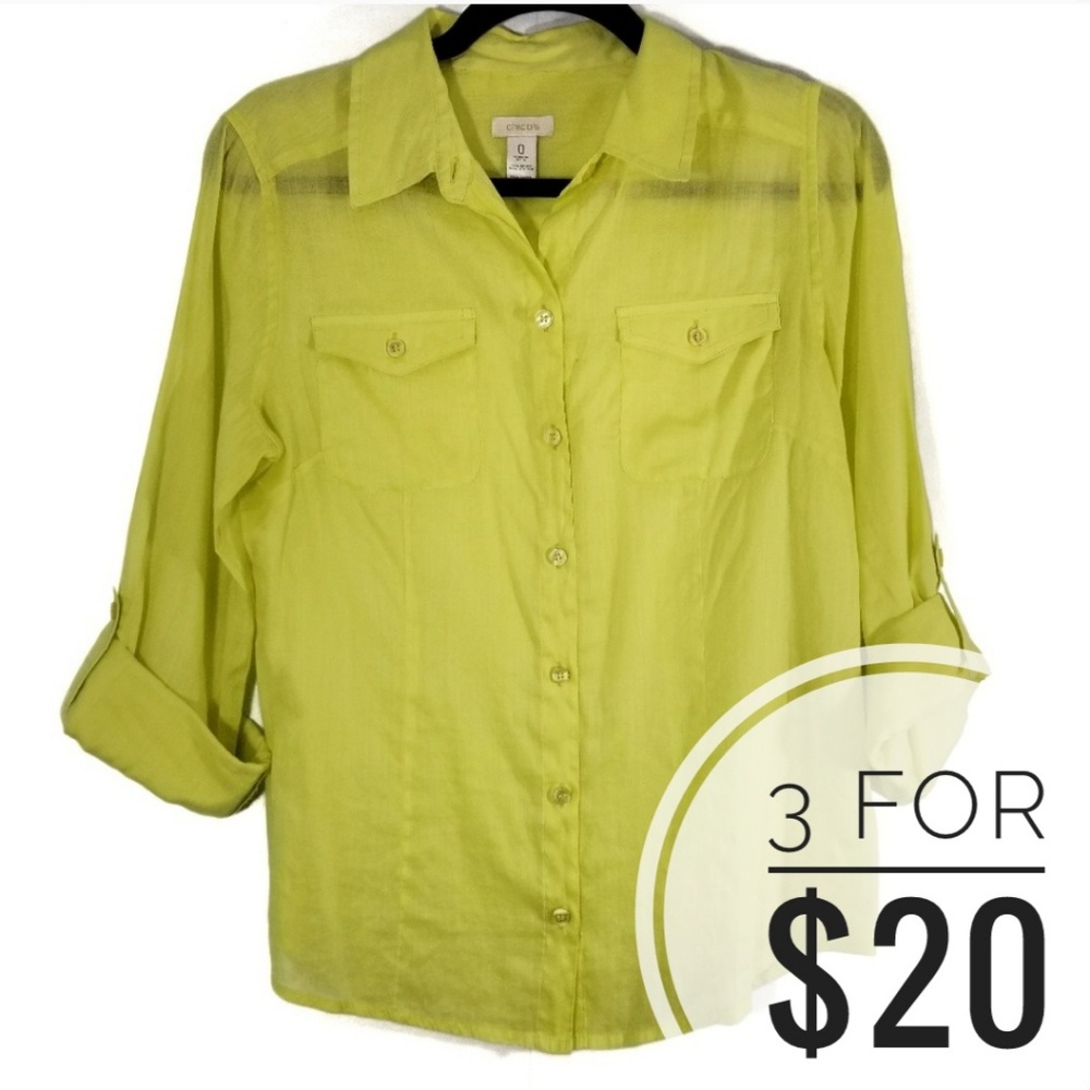 Chico's Lime Green Sheer Button Down Blouse / 0